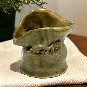 Weird Unusual and One of a Kind Pottery Vase Planter Green Glazed Eclectic